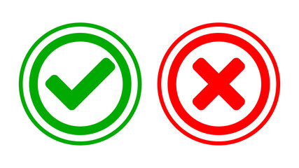 Set of Yes and No or Right and Wrong or Approved and Rejected Icons with Check Mark and Cross Symbols in Green and Red Circles. Vector Image.