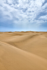 Stunning sand dunes of Maspalomas in Gran Canaria Spain. Scenic sand landscape like seen in the Sahara desert. Beautiful skies meet the arid and dry climate of this ecosystem.