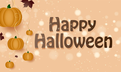 pumpkins on gold ribbons and maple leaves on a pink background, text - happy halloween, gold sparkles, magic glow