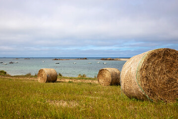 Rolls of straw between land and sea in Brittany