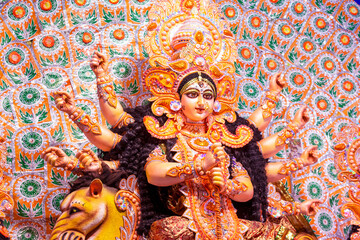 Close up view of Maa Durga's Face during Durga Puja festival. Durga Puja or Durgotsava,is an annual...