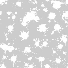 Fototapeta na wymiar Vector grey seamless pattern with ink splash, blot and brush stroke spot spray smudge, spatter, splatter, drip, drop, ink smudge smears Grunge textured elements design background.