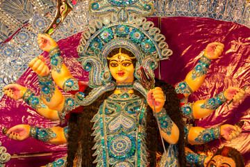 Close up view of Maa Durga's Face during Durga Puja festival. Durga Puja or Durgotsava,is an annual...