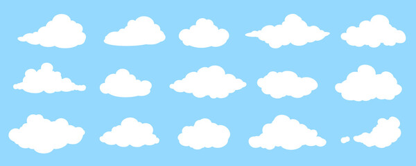 Set of White Flat Cloud Icons Isolated on Blue Background