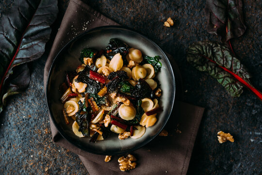 Orecchiette with rainbow chard, walnuts and thyme