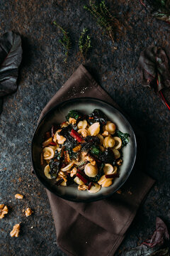 Orecchiette with rainbow chard, walnuts and thyme