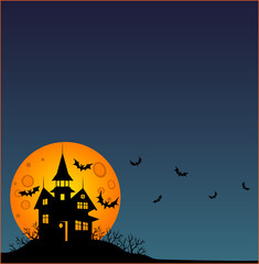 Halloween - square wallpaper - full color stock illustration. Baner, wallpaper or flyer with copy space, Scary mansion, full moon and bats. Halloween illustration with an abandoned creepy house.