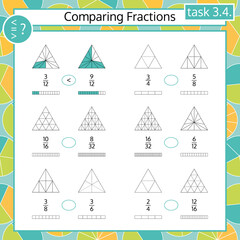 Comparing Fractions Mathematical Worksheet Set. Coloring Book Page. Math Puzzle. Educational Game. 