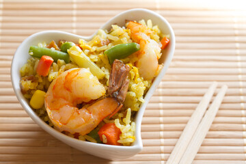 Asian dish in heart-shaped bowl, love asian food menu concept