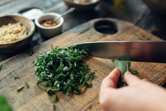 Woman's hands cutting basil chiffonade - Powered by Adobe