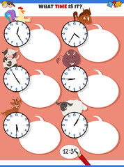 telling time educational task with cartoon farm animals