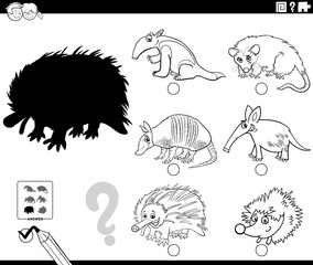 shadows game with cartoon wild animals coloring book page