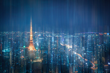 Tokyo Skyline with wireless network connection at night in Japan. Abstract communication technology concept