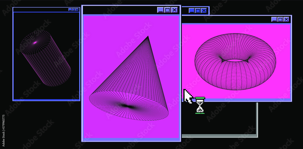 Poster set of 3d solids made of grid: cone, torus, cylinder, sphere. collection of vector elements in futur