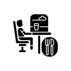 Dining car black glyph icon. Traveling with comfort, train restaurant. Train service, onboard buffet silhouette symbol on white space. Passenger eating meal on trip vector isolated illustration