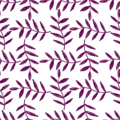 Fototapeta na wymiar Seamless pattern with purple leaves. White background. Hand drawn graphic branches and flowers. Pencil botanical sketch. Nature and ecology. For design, post cards, prints, textile and wrapping paper