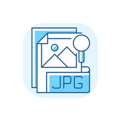 JPG file blue RGB color icon. Compressed image format. Digital images. JPEG. Lossless coding mode. Standardised compression mechanism. Digital cameras, operating systems. Isolated vector illustration