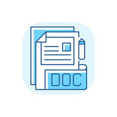 DOC file blue RGB color icon. Document file format. Word processing software. Formatted text, images, tables, charts. DOCX files. Filename extension. Text editors. Isolated vector illustration