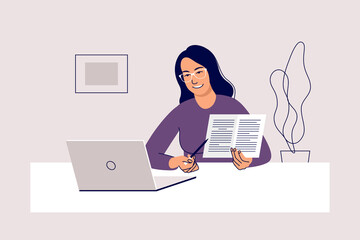 Online remote learning. Teacher with computer. Vector illustration.