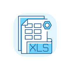 XLS file blue RGB color icon. Binary file format. Spreadsheet programs. Workbook files. XLSX extension. Financial data storing. Formatting, charts, images, formulas. Isolated vector illustration
