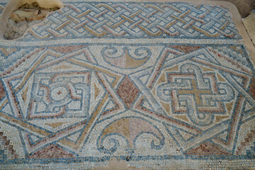 Remains of antique floor mosaics. Ornaments are mixing geometric figures with traditional Roman & Byzantine elements. Authors are unknown. Shot in ancient city Laodicea, near Denizli, Turkey