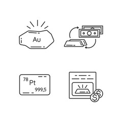 Income from metal trade linear icons set. Golden nugget. Platinum bullion. Unallocated bank account. Customizable thin line contour symbols. Isolated vector outline illustrations. Editable stroke