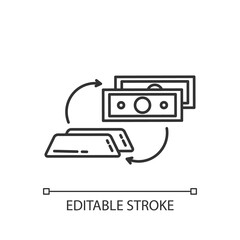 Precious metals sale linear icon. Stock exchange. Buy gold and platinum bars with money. Thin line customizable illustration. Contour symbol. Vector isolated outline drawing. Editable stroke