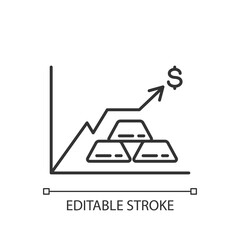 Precious metals price linear icon. Money investment. Bullion trade. Buy and sell gold. Thin line customizable illustration. Contour symbol. Vector isolated outline drawing. Editable stroke