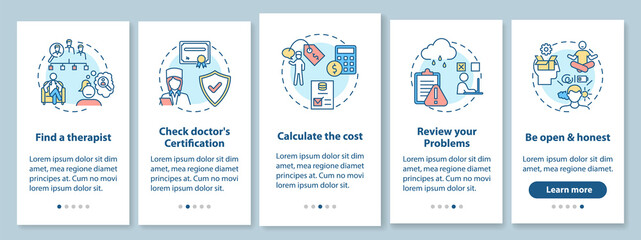 Naklejka premium Psychotherapy treatment steps onboarding mobile app page screen with concepts. Therapist finding walkthrough 5 steps graphic instructions. UI vector template with RGB color illustrations
