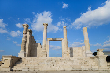 Facade of antique temple in Laodicea, ancient city near Denizli, Turkey. Columns made in Corinthian style. Temple built near former Nymphaeum. City is included in UNESCO Tentative List