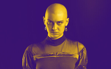 Angry. Close up portrait of caucasian woman isolated on studio background. Modern and trendy duotone effect. Concept of human emotions, facial expression. Copyspace for ad. People in halftones.