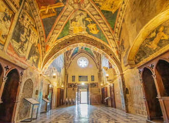 Obraz premium Subiaco, Italy - main sight of Subiaco and one of the most beautiful Benedictine monasteries in the World, the Sacro Speco Monastery displays amazing frescoes. Here in particular its interiors