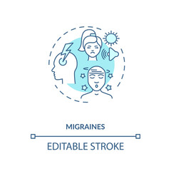 Migraines concept icon. Headache trigger idea thin line illustration. Debilitating headaches. Medical condition. Intense, pounding migraine. Vector isolated outline RGB color drawing. Editable stroke
