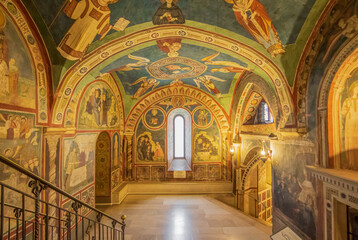 Subiaco, Italy - main sight of Subiaco and one of the most beautiful Benedictine monasteries in the World, the Sacro Speco Monastery displays amazing frescoes. Here in particular its interiors