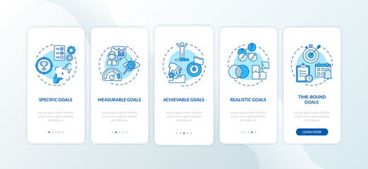 Smart goals definition onboarding mobile app page screen with concepts. Communication in business walkthrough 5 steps graphic instructions. UI vector template with RGB color illustrations