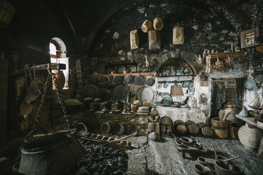 old rural medieval kitchen in ancient monastery