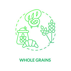 Whole grains concept icon. Healthy freshly baked pastry foods. Natural bakery cafe. Vegetarian diet components idea thin line illustration. Vector isolated outline RGB color drawing