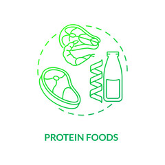 Protein foods concept icon. Organic meat containing meals. Natural foods components. Vegetarian diet components idea thin line illustration. Vector isolated outline RGB color drawing