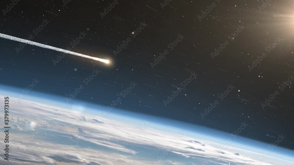 Wall mural asteroid meteor above clouds and atmosphere earth meteor burning on fire while entering earth blue a