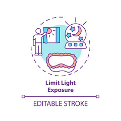 Fototapeta premium Limit light exposure concept icon. Avoid sunlight before bedtime. Nighttime routine. Sleep improvement idea thin line illustration. Vector isolated outline RGB color drawing. Editable stroke