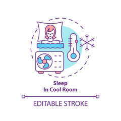 Sleep in cool room concept icon. Recommendation for better dreaming. Asleep with air conditioning. Sleep hygiene idea thin line illustration. Vector isolated outline RGB color drawing. Editable stroke
