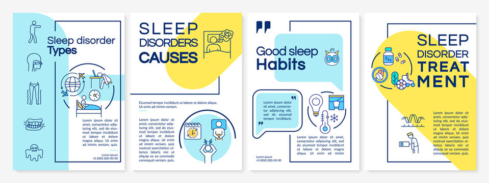 Sleep disorder types brochure template. Sleeplessness study flyer, booklet, leaflet print, cover design with linear icons. Vector layouts for magazines, annual reports, advertising posters