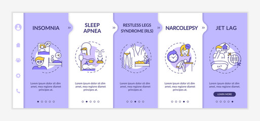 Fototapeta na wymiar Insomnia types onboarding vector template. Sleep disorder symptom. Restless legs syndrome. Responsive mobile website with icons. Webpage walkthrough step screens. RGB color concept