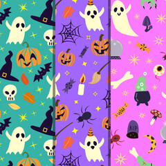 Halloween seamless pattern set design with ghost, skull, pumpkin,bat spider,cobweb and zombie hand.Halloween background 