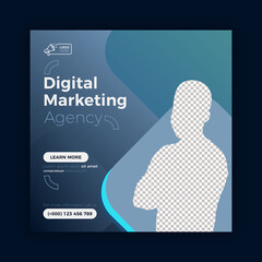 Digital business marketing social media post web banner. Instagram stories post and square flyer, poster vector template. Blue background color.