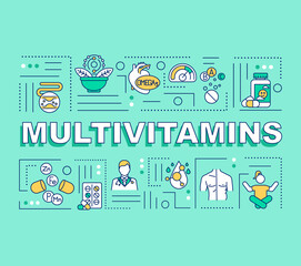 Multivitamins word concepts banner. Healthy lifestyle with supplements and vitamins. Infographics with linear icons on green background. Isolated typography. Vector outline RGB color illustration