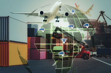 Double exposure world map on Logistics and transportation Container Cargo ship with tugboat in the ocean, Freight Transportation, Shipping and communication. Elements of this image furnished by NASA