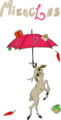 Vector illustration of a magic deer under an umbrella with gifts in the style of the new year. Fashion illustration isolated on white background.
For printing on packaging, menus, clothes, logo, blank