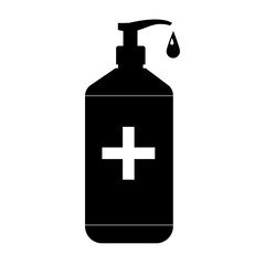 Hand sanitizer icon. Vector black and white illustration isolated on white background. Bottle with antiseptic