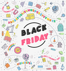 Black friday. Kids sale, colored background of stickers of kids toys and letters